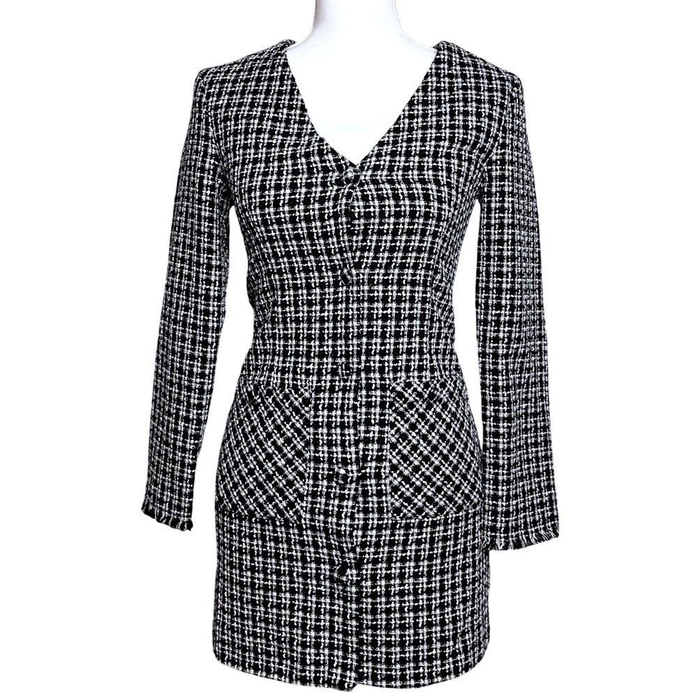 Crescent‎ Black White Tweed Officecore Wool Mini Dress V-Neck Button Front  XS